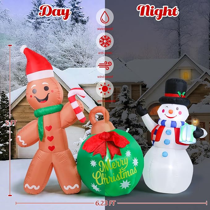 MUMTOP Inflatable Gingerbread Man-Christmas Inflatable Outdoor Decoration - 6.3 FT Gingerbread and Snowman Inflatables with Ball Blow Up Lighted Holiday Displays for Garden Yard Outside Decor