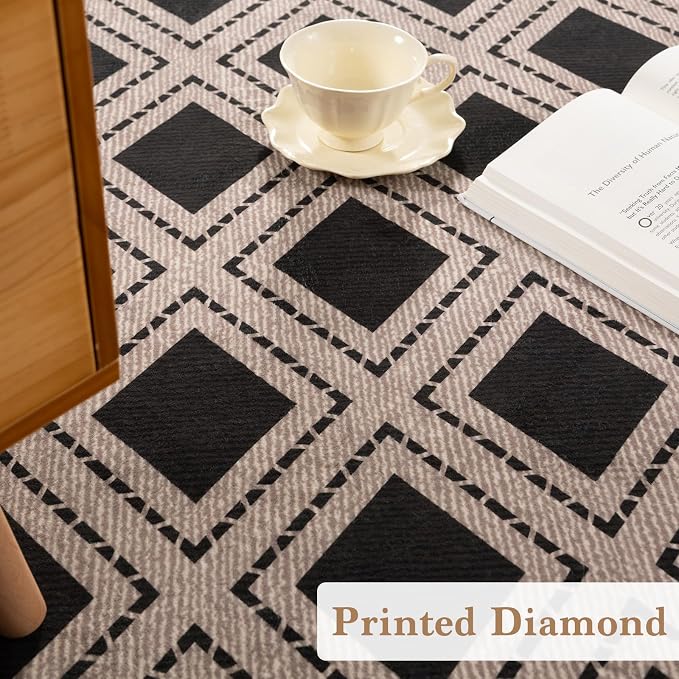 LBRO2M Machine Washable Rug Soft Pet Friendly Carpet 9X12 Black | Checkered Rug 9X12 for Living Room, Bedroom, Dining Room, Home Office, Non Slip Carpet, Foldable Stain Resistant Rugs
