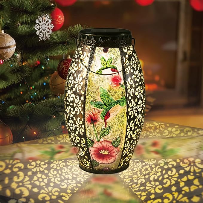 Larekook Hummingbird Solar Lantern Outdoor Waterproof,13" Large Metal Hanging Lantern Decorative,Hummingbird Solar Lights for Yard Lawn Porch Patio Garden Decor,Birthday Gifts for Women Mom