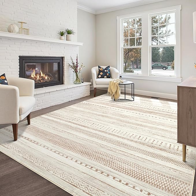 Boraya Area Rugs for Living Room: 8x10 Washable Boho Rug for Bedroom Large Neutral Bohemian Moroccan Farmhouse Geometric Dining Room Rugs Ultra Soft Floor Carpet Indoor for Home Office - Brown