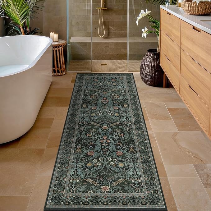 Dusty Teal 2x6 Washable Runner Rug Non Slip - Bathroom Kitchen Runner 6ft - Floral Soft Thin Rug Non Skid for Bath Entryway Hallway, Vintage Low Pile Stain Resistant Floor Carpet(Dark Green)