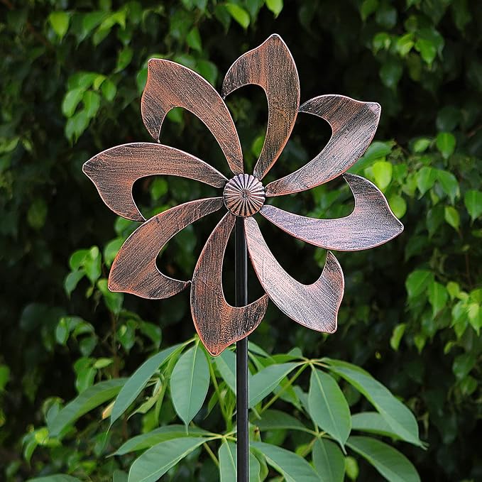 Wind Spinner Garden Decor, 61in(H) Copper Metal Easy Rotate Outdoor Stake | Tool-Free Assembly Adjustable Height Smooth Spin All-Weather Frame Premium Color Gift Box For Holiday Presents Yard Lawn