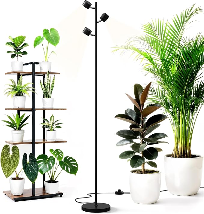 Barrina T1X3 Floor Grow Lights for Indoor Plants, 30W, 5000K, Full Spectrum, Adjustable 3 Heads, High PPFD, 6FT with Foot Switch, Vertical Plants Light for Growing, Standing Grow Lights for Tall Plant