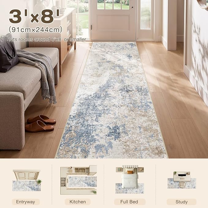 Nakagishi 3x8 Abstract Washable Area Rugs for Entryway-Blue Brown | Modern Non-Slip Silicone Backing Low Pile Soft Carpet for Bedroom Dining Decor for Families with Kids and Pets