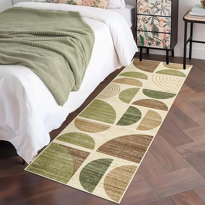 Runner Rug Washable,2x6 Area Rugs Non Slip Modern Abstract | Long Throw Carpet for Hallways Kitchen Bathroom Bedroom Entryway Bedside Laundry Boho Soft Low Pile Vintage Green and Brown