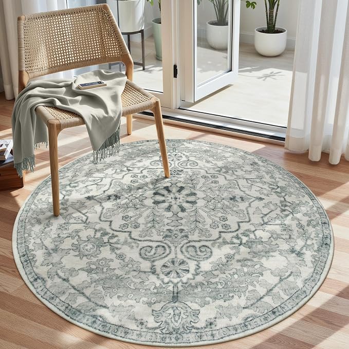 Lahome Reine Round Rug 4ft, Soft Rug for Bedroom Machine Washable Office Circle Rug, Bohemian Medallion Non-Slip Non-Shedding Low Pile Printed Indoor Carpet for Kitchen Laundry Bathroom, Beige