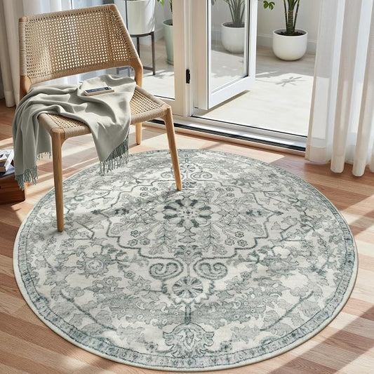 Lahome Reine Round Rug 4ft, Soft Rug for Bedroom Machine Washable Office Circle Rug, Bohemian Medallion Non-Slip Non-Shedding Low Pile Printed Indoor Carpet for Kitchen Laundry Bathroom, Beige