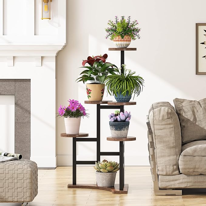 LITTLE TREE 6 Tiered Corner Plant Stand Indoor, Tall Plant Shelf Flower Stand Multiple Potted Plant Holder Rack for Living Room Balcony Garden, Rustic Brown