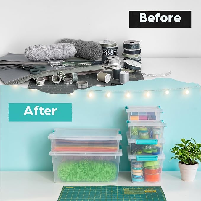 IRIS USA 2 Qt. Craft Storage Bins with Lids, 6-Pack, |Made in USA|, Clip Box, Small Tall Plastic Sensory Bin Tote Organizer Containers for Art Supplies, Paper, & Office, Stackable - Clear/Seafoam Blue