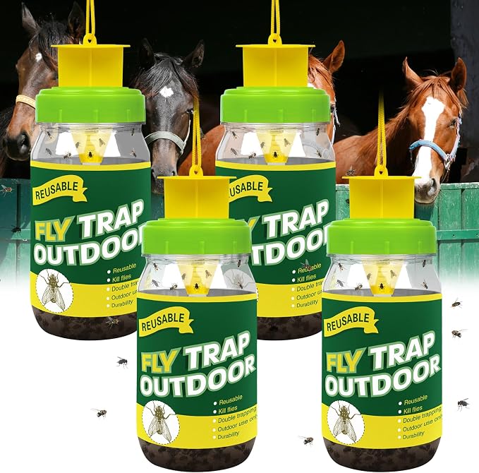 4 Pack Reusable Fly Traps Outdoor Jar with Natural Flies Trap Refill, Bug Catcher and Ranch Fly Hunter Insect Outdoor Repellent Killer for Stable Horse, Garden