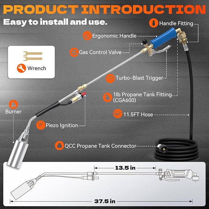 Propane Torch Weed Burner with 11.5FT Hose, Weed Torch with Self Igniter Turbo Trigger, Heavy Duty Flame Weeder for Weeding, Roofing, BBQ, Blue