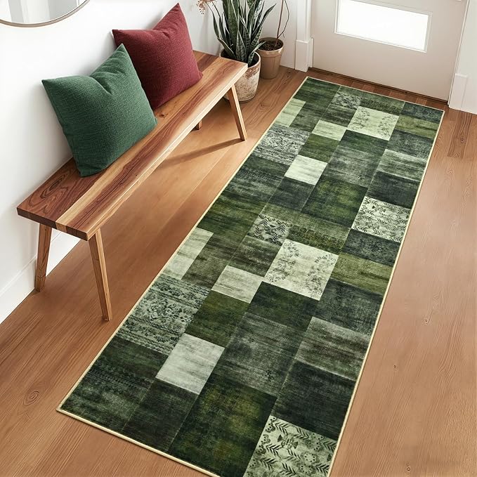 Runner Rug for for Hallways, 2'x6' Washable Kitchen Rugs with Non Slip Rubber Backing, Soft Low Pile Non-Shedding Geometric Carpet for Laundry Bedroom Bathroom, Green