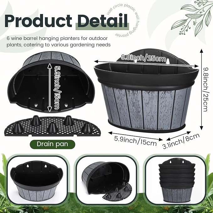 Layhit 6 Pcs Wall Hanging Planters Outdoor Pot Planter Wine Barrel Planter Distressed Oak Thickened Plastic Water Storage Flower Pots for Flower Indoor Outdoor(10 Inches,Black)