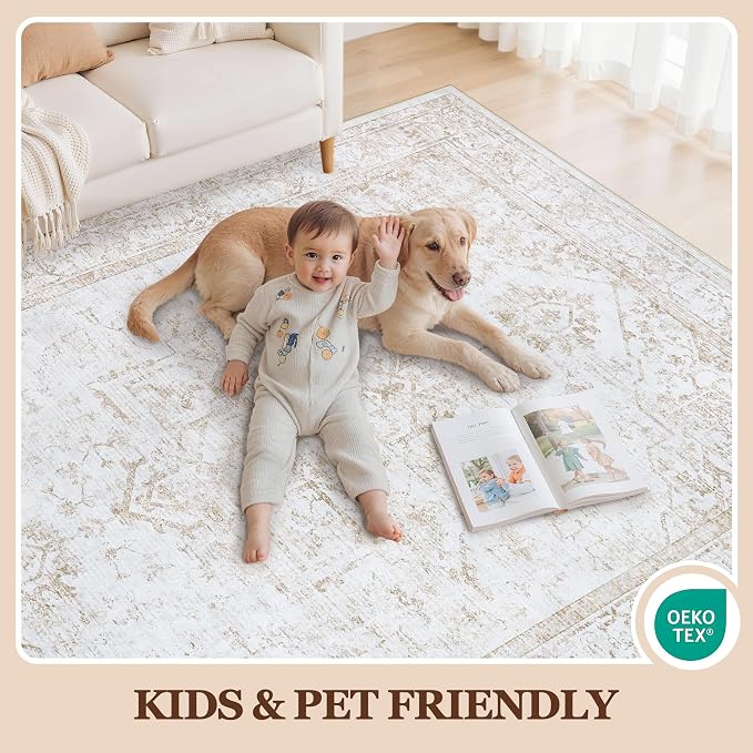 Area Rug 6x9 Living Room Rug Washable Beige Non-Slip Rugs | Vintage Medallion Rug，Soft Low Pile Large Rugs，Indoor Retro Carpet for Bedroom Nursery Dining Table Farmhouse Home Office