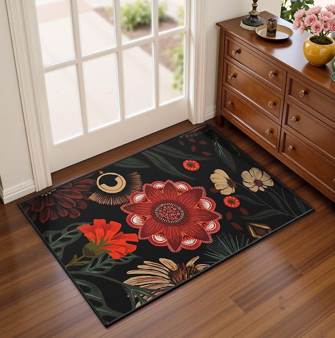 Tyrot Vintage Boho Floral Rug 2x3, Washable Colorful Area Rug, Ultra Thin Flat Woven Low Pile Non Slip Indoor Rug for Entryway, Kitchen, Bathroom, Bedroom, Black Red