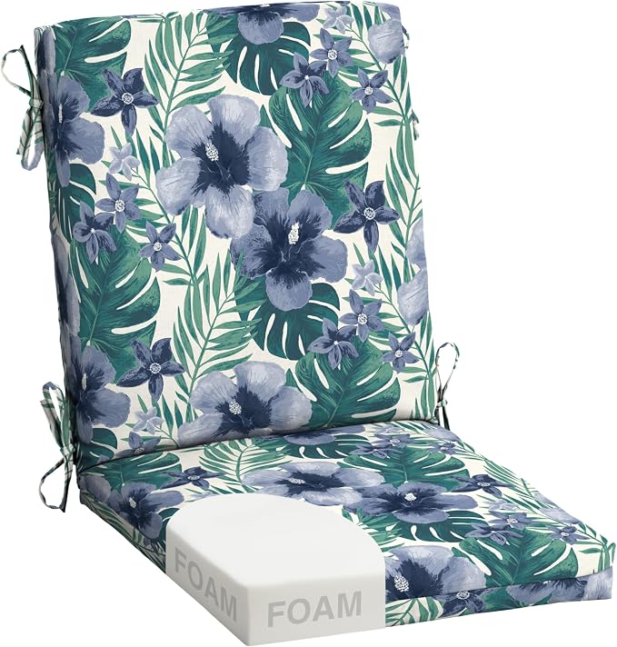 Arden Foam Patio Dining Outdoor Chair Cushions, 20 x 44, Premium High-Density Foam, Never Flattens, Weather-Proof for Outdoor Chairs, Salome Tropical