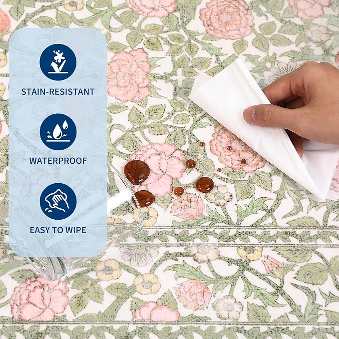 GarveeHome Pink Green Beige Floral 8x10 Area Rugs for Living Room Bedroom | Large Washable Dinning Room Girls Dorm Office Rug Vintage Boho Rugs Low-Pile Non-Slip Stain Resistant TPE Backing