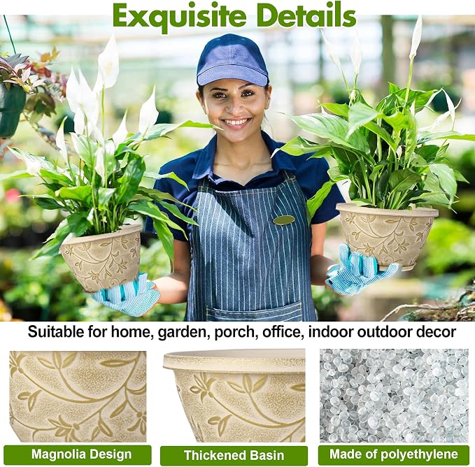 Nooulap 4 Pack 16 Inch Plant Pot with Drainage Hole, Plastic Large Indoor Outdoor Planter, Decorative Flower Pot for Patio, Garden & Front Porch, with Gold Flower Partten (Beige)