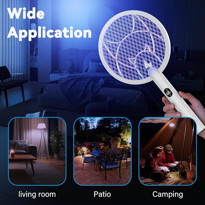 Nymrix Electric Fly Swatter Racket, 2 in 1 Mosquito Bug Zapper 4100V Max Handheld Mosquito Killer with 1800 mAh Rechargeable Battery, Purple Light and 3-Layer Safety Mesh for Indoor Outdoor Grey