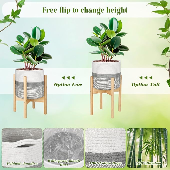 Plant Basket with Stand Indoor Planter Pot Holder Sturdy Jute Rope Modern Woven Basket, Cotton Rope Woven Pot with Bamboo Stand(10 Inch,White and Gray)