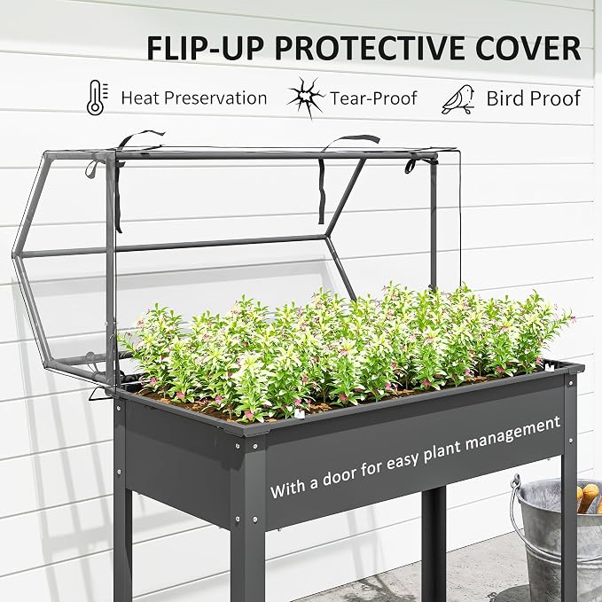 Outsunny Raised Garden Bed with Greenhouse Cover, Elevated Planter Box with Legs and Drainage Hole for Vegetables Flowers Herbs, 39.4" x 18.9" x 48.8", Dark Gray
