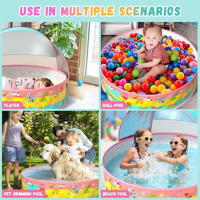 Baby Pool with Canopy, Foldable Kiddie Pool, Pop Up Toddler Pool with Shade-Collapsible Beach Pool for Baby, Portable Summer Water Play for Indoor Outdoor Backyard Beach