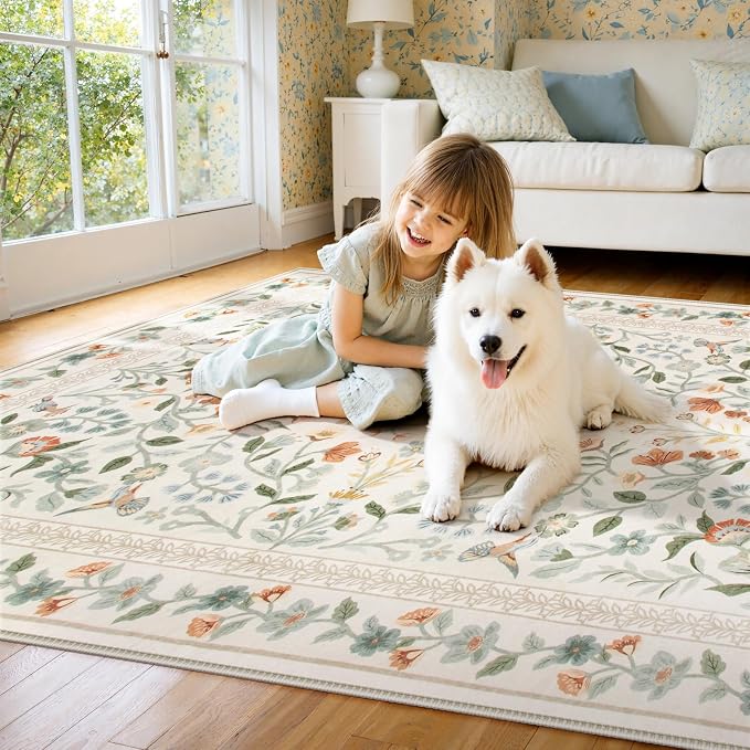 Lahome Beige Floral Washable Area Rug 9x12, Extra Large Botanical Carpet | Non Slip Carpet for Living Room Dining Room, Low-Pile Soft Rug for Bedroom Office, Home Decor