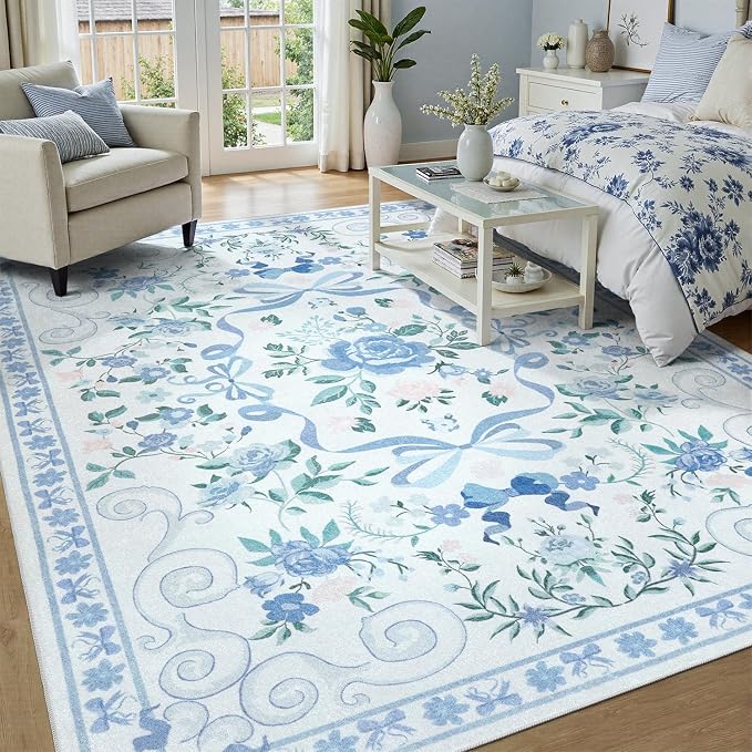 DCX Washable 5x7 Bow Rug, Blue Floral Rug for Girls’ Bedroom, Cute Soft Low Pile Indoor Décor Carpet, Kid & Pet Friendly Nursery Rug for Living Room, Dorm, Playroom