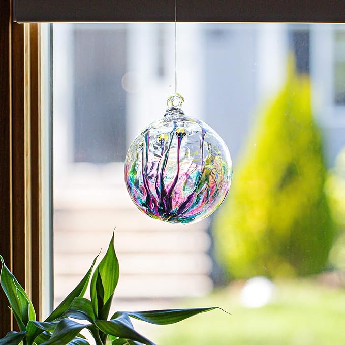 Luke Adams Glass | 4" Large Glass Tree of Life | Handmade Ornament | Hanging Garden Gazing Ball | Indoor Outdoor Home Décor | (Pink Violet Teal)