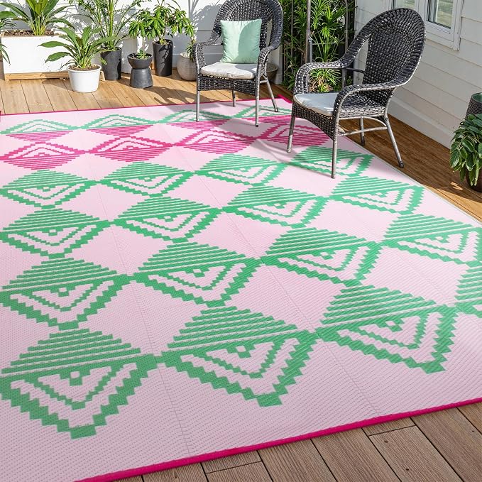 Lahome Waterproof Outdoor Rug 8x10, Reversible Outdoor Plastic Straw Rug for Patios, Outside RV Mat Carpet for Deck Porch Backyard Balcony Picnic Trailer (Pink/Green, 8' x 10')