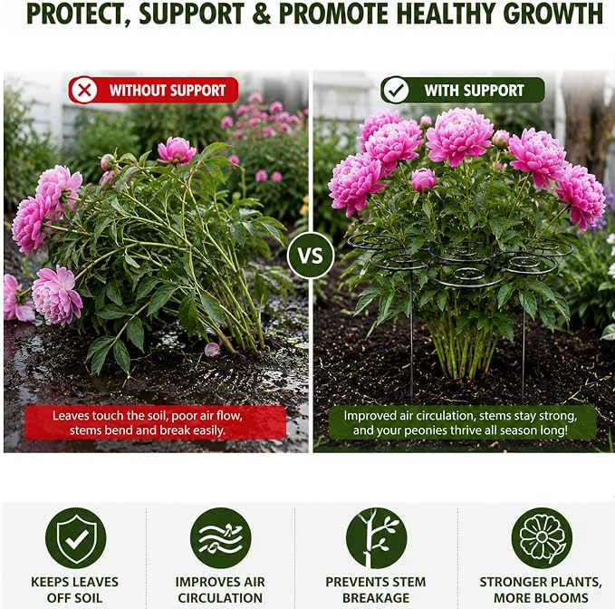 Metal Plant Support Ring for Garden, Heavy-Duty Peony & Dahlia Cage, Stackable Flower Support for Indoor & Outdoor Plants, Decorative Grow-Through Ring, Orchid Clip