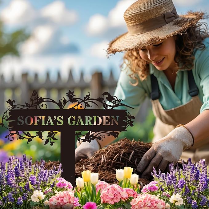 Personalized Garden Sign with Flower Design, Garden Stake with Bird, Custom Garden Gift, Flower Garden Decor, Custom Name Mother Gift
