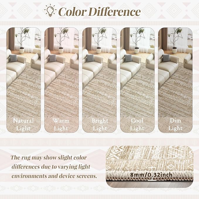 6x9 Area Rugs for Living Room: Washable Moroccan Geometric Boho Rug Farmhouse Non Slip Stain Resistant Large Rug Low Pile Soft Carpet for Bedroom Dining Room Home Office Kids Room (Light Brown,6'x9')