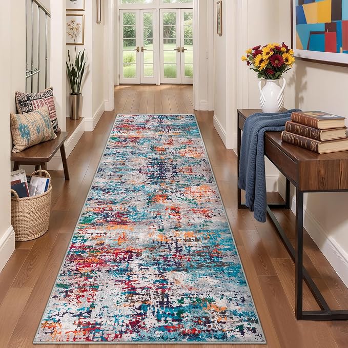 Tangsoo Abstract 3x7 Washable Runner Rug for Hallway Non Slip Modern | Fun Soft Low Pile 7ft Runner Rugs, Contemporary Print Carpet Runners for Kitchen Bedroom Entryway Living Room Home Decor