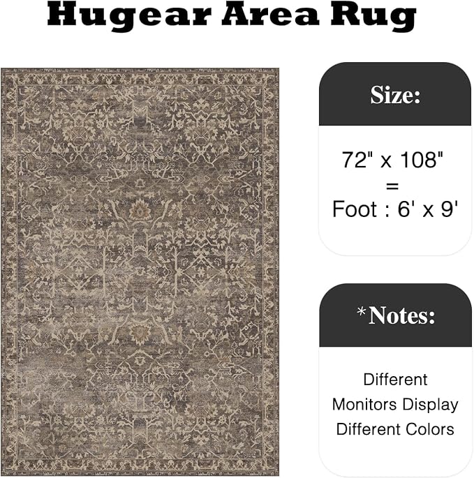 6x9 Brown Vintage Floral Washable Area Rug for Living Room | Low Pile, Non Slip, Retro Style, Soft Distressed Indoor Rug for Bedroom, Dining Room, Kitchen, Entrance, Home Decor