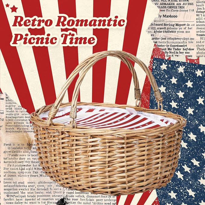 Wicker Picnic Basket with Insulated Lined Bag 15“ x 11” x 7“ Red, White Star Stripe Pattern, Iced Beer Insulated Bag for Camping, Picnics, Birthday Gifts, Wedding Gifts