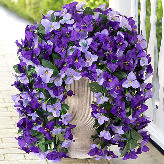 INXUGAO 2 pcs Artificial Faux Bougainvillea Flowers Plants for Outdoor Outside Summer Decoration, Fake Silk UV Resistant Long Trailing Vines for Front Door Porch Planter Balcony (Purple Dark Purple)