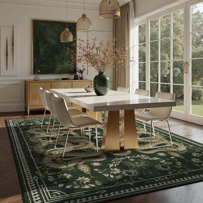 DCX 8x10 Washable Snake Rug for Living Room, Non Slip Low Pile Rug, Dark Green