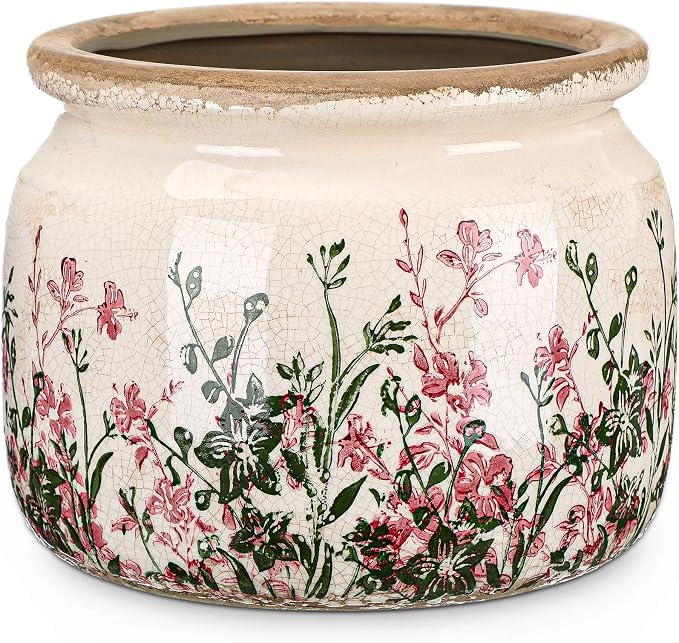 7.7" Large Vintage Ceramic Plant Pot Pink Green Boho Wildflower Crackle Glaze Flowers Planter Pot with Drainage for Indoor Outdoor Plant Rustic Farmhouse Kitchen Office Shelf Home Decor Gift