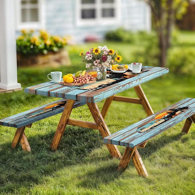 Picnic Table Cover with Bench Covers, 30x60 inch Waterproof Outdoor Camping RV Essentials Fitted Picnic Rectangle Table Cloth, Teal Brown Wood Texture Fitted Picnic Tablecloth with Elastic