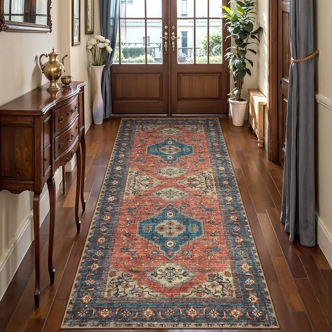 Tangsoo Vintage 2x5 Washable Runner Rug for Hallways, Non Slip Runner Rug | Soft Low Pile 2x5 Rug Runner, Print Distressed Carpet Runners for Entryway Bedroom Kitchen Bathroom Living Room Terracotta
