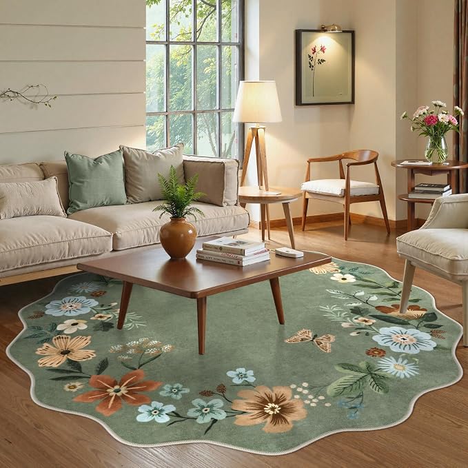 Lahome Floral Washable Round Area Rug, Soft Round Rug 5ft Soft Non-Slip | Non-Shedding Boho Circle Carpet for Bedroom Living Room Bathroom Nursery Kitchen, Green