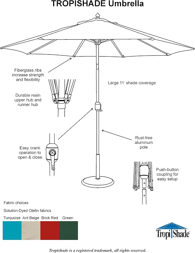 Tropishade 11' Umbrella with Premium Beige Olefin Cover (Base not included)