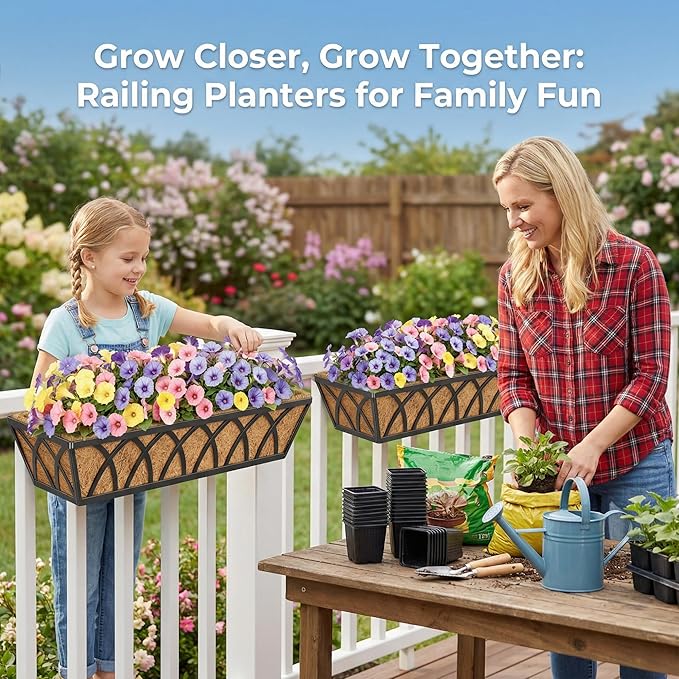 HFHOME 4 Pcs 30" Deck Railing Planter Box with Horse Trough Coco Liners, Black Window Box Hanging Flower Planters Baskets for Indoor, Outdoor, Balcony, Porch, Fence, Patio, and Lawn