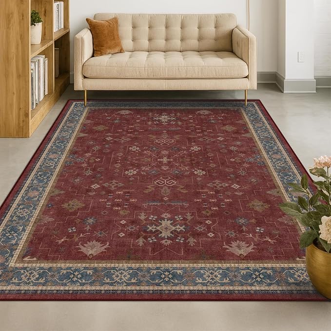 5x8 Boho Dark Red Rug for Living Room - Vintage Oriental Revival Low-Pile Carpet for Bedroom, Dining Table, Machine Washable Area Rug Non-Slip with Rubber Back