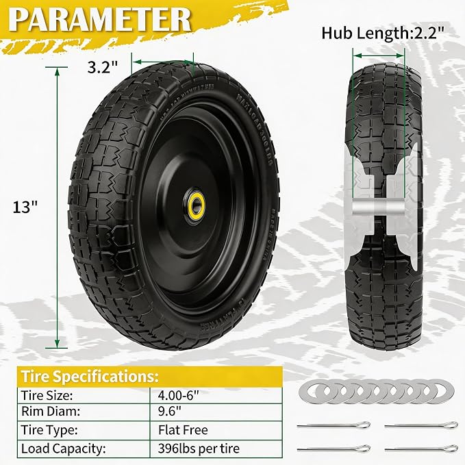 13" G orilla Cart Tires Flat Free, 396LB Capacity, with 5/8" Axle Bore Hole, 2.2" Offset Hub, Solid Rubber Tire for GOR Garden Cart, Trolleys, Hand Trucks, Yard Trailers, 4 Pack