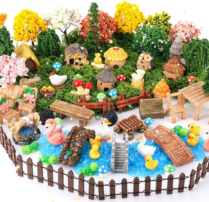 84 Pcs Fairy Garden Accessories, Miniature Village Starter Kit with Moss Model Tree Tiny Resin Animal Figures, DIY Bonsai Micro Landscape Ornament for Terrarium Succulent Dollhouse Craft