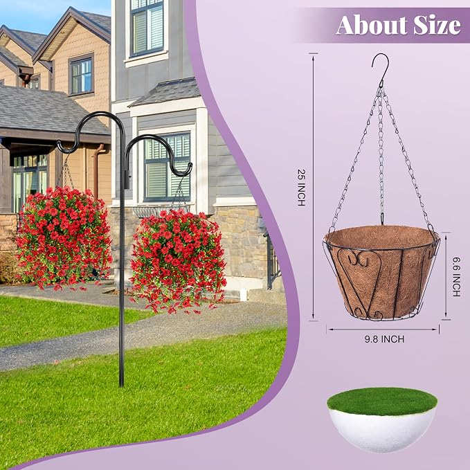 Ammyoo Artificial Fake Hanging Flowers with Basket for Outdoor Spring Decoration, Faux Silk Daisy Flower Real Touch Hanging Plants UV Resistant for Outside Porch Patio Garden Yard Home Decor(Red)