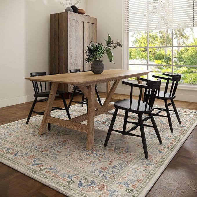 Washable Area Rugs for Living Room: 6x9 Bedroom Rug Vintage Area Rug Stain Resistant Non Slip Low Pile Lightweight Soft Carpets for Dining Room Kitchen Nursery Kids Room Farmhouse Indoor