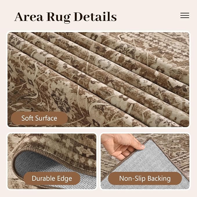 4x6 Ft Area Rugs for Living Room, Soft Non-Slip Machine Washable Rug, Vintage Stain Resistant Carpets for Bedroom Nursery Dining Room Home Decor (Brown)